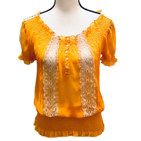 Arden B Golden Vintage Y2K Honey Yellow Boho Blouse with Lace - Picture 1 of 14